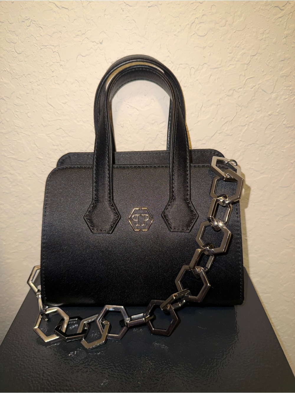 Philipp Plein Black Structured Top-Handle Mini Bag with Hexagon Chain